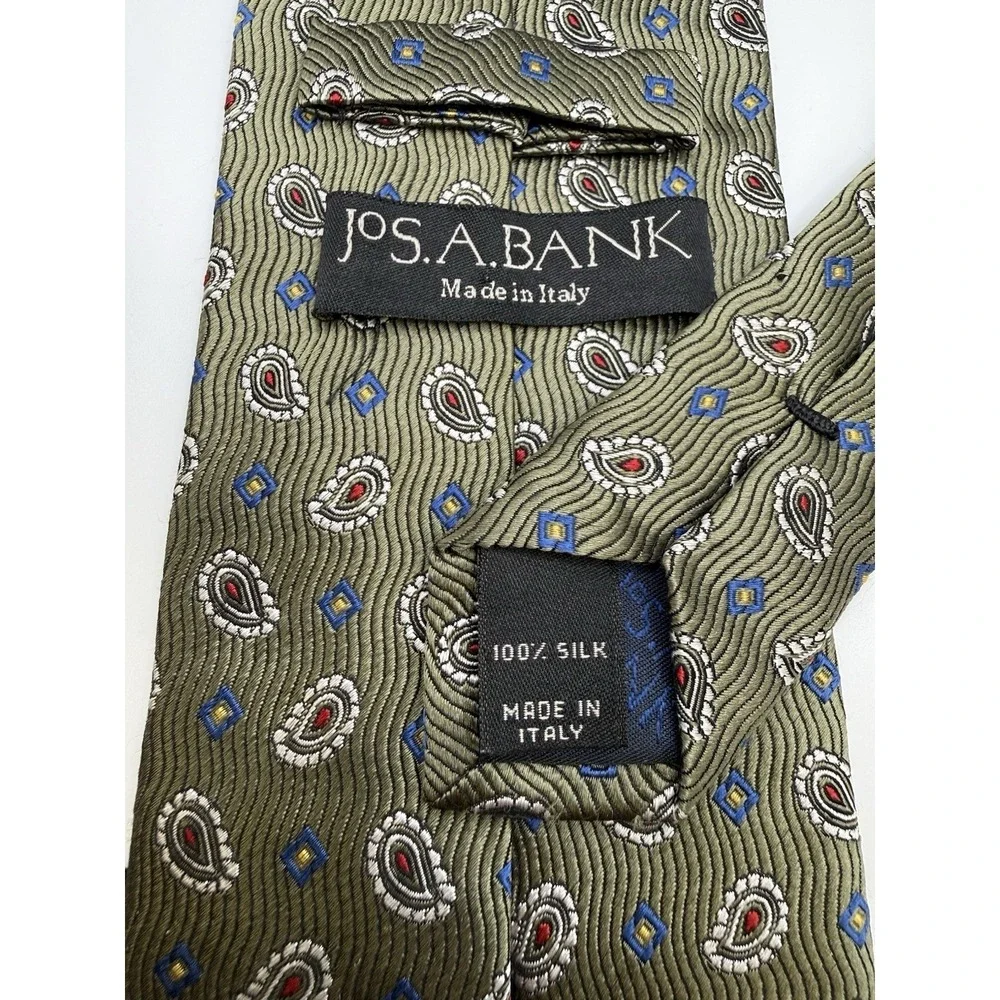 Jos A Bank Tie Silk Italy Olive Paisley Geometric Classic Width 60